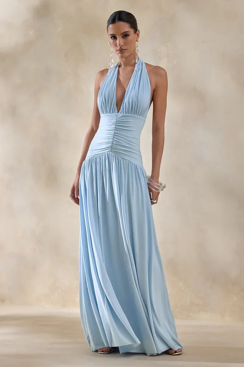 Bettina | Powder-Blue Plunge-Neck Maxi Dress With Gathered-Detailing