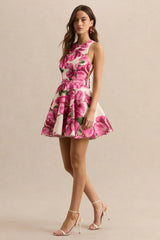Waverly | Pink Rose Print Racer-Neck Sleeveless Skater Mini Dress