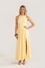 Davina Knit Yellow High-Neck Halter Dress