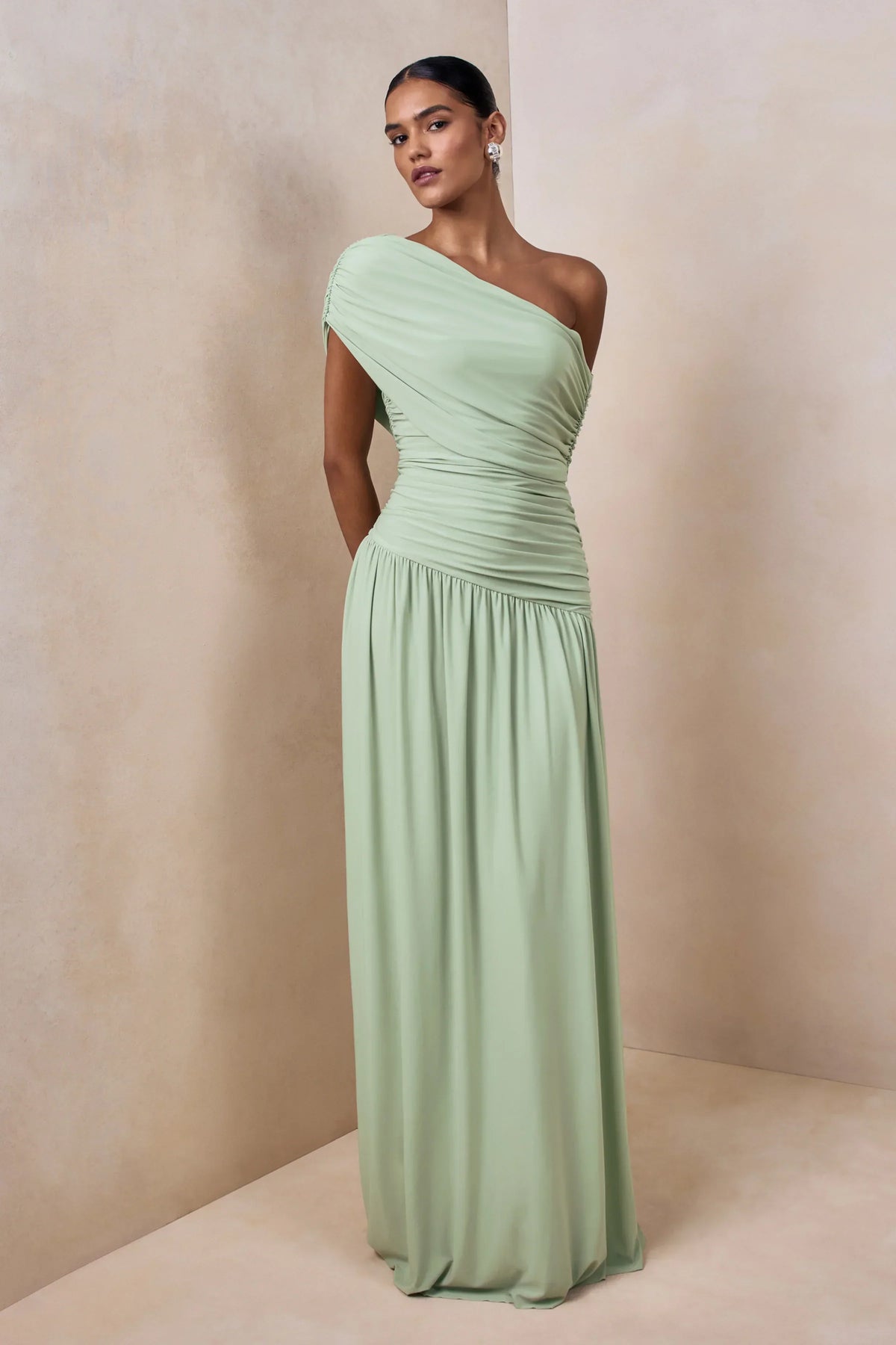 Emberly | Green Draped Asymmetric-Neck Maxi Dress With Drop-Waist