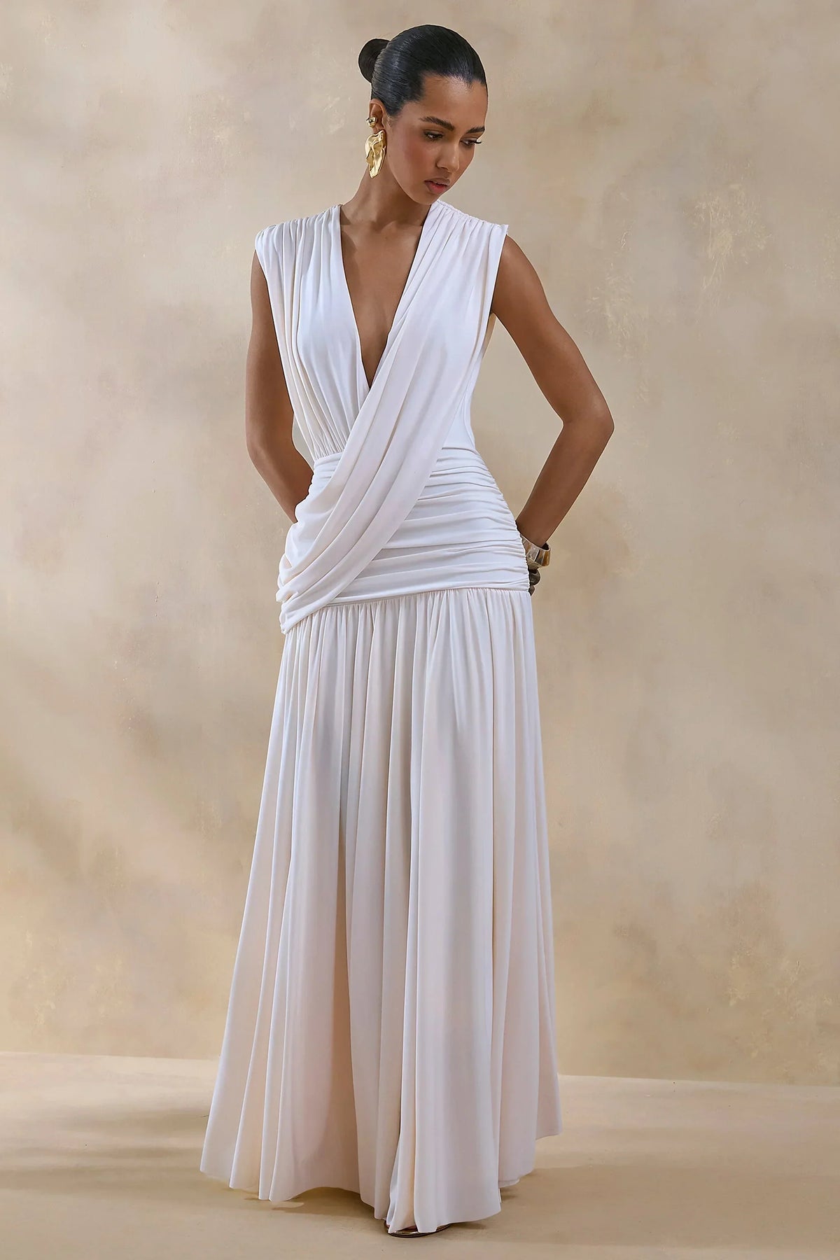 Glorina | Cream Plunge-Neck Maxi Dress With Draped-Detailing