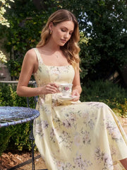 Retro Floral Bouquet Print Square Neck Midi Dress