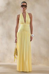 Bettina | Lemon Plunge-Neck Maxi Dress With Gathered-Detailing