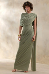 Gisara | Olive High-Neck Maxi Dress With Sash And Draped-Detailing