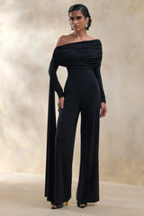 Elova | Black Bardot-Neck Jumpsuit With Sash