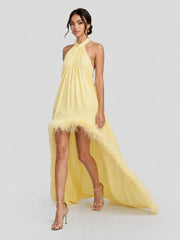 Feather Trim Halter Chiffon Maxi Dress