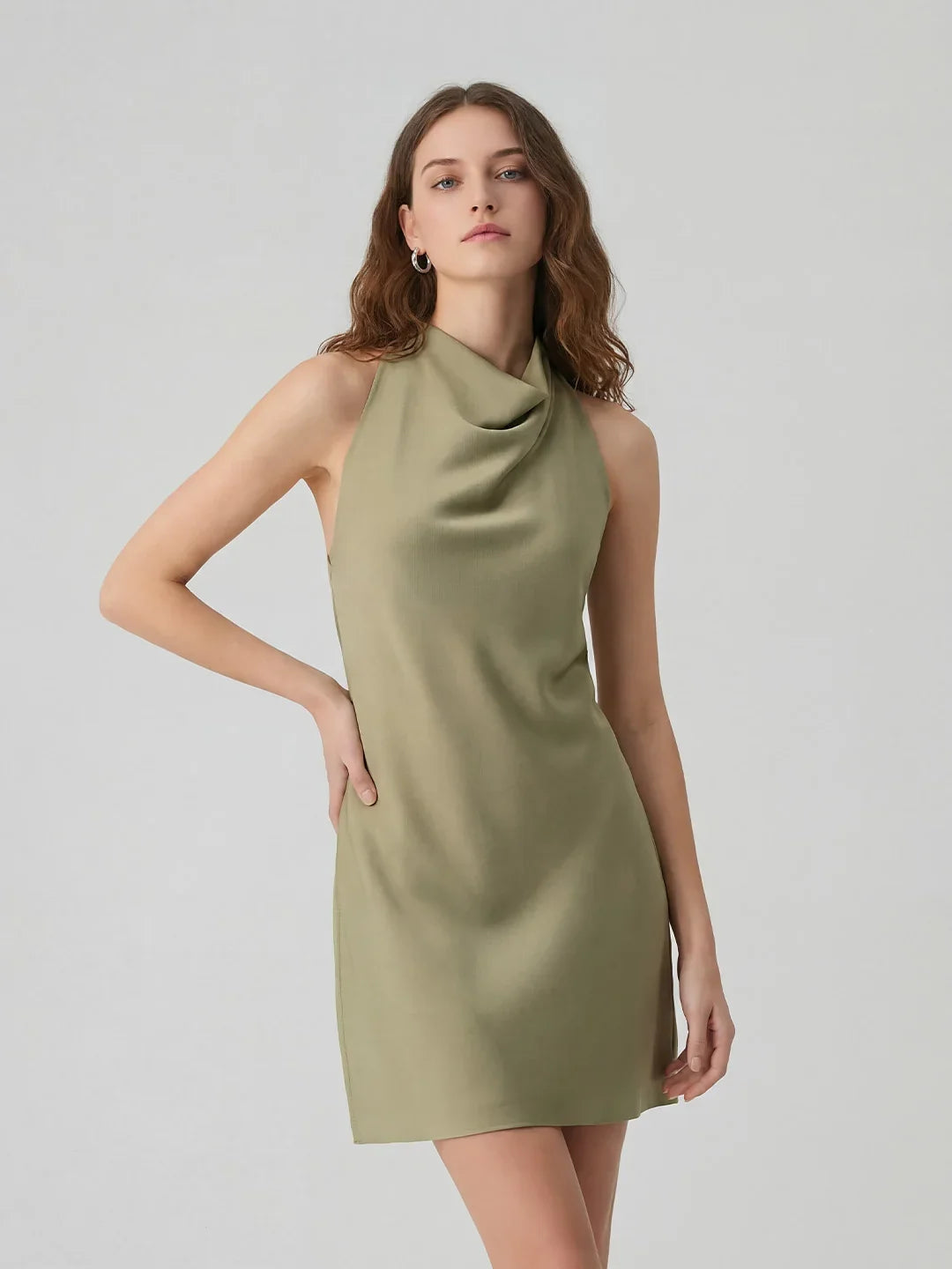 Sleek Bias-Cut Satin Halterneck Mini Dress