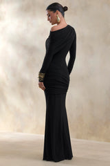 Kessara | Black Asymmetric-Neck Maxi Dress With Sash And Gathered-Detailing