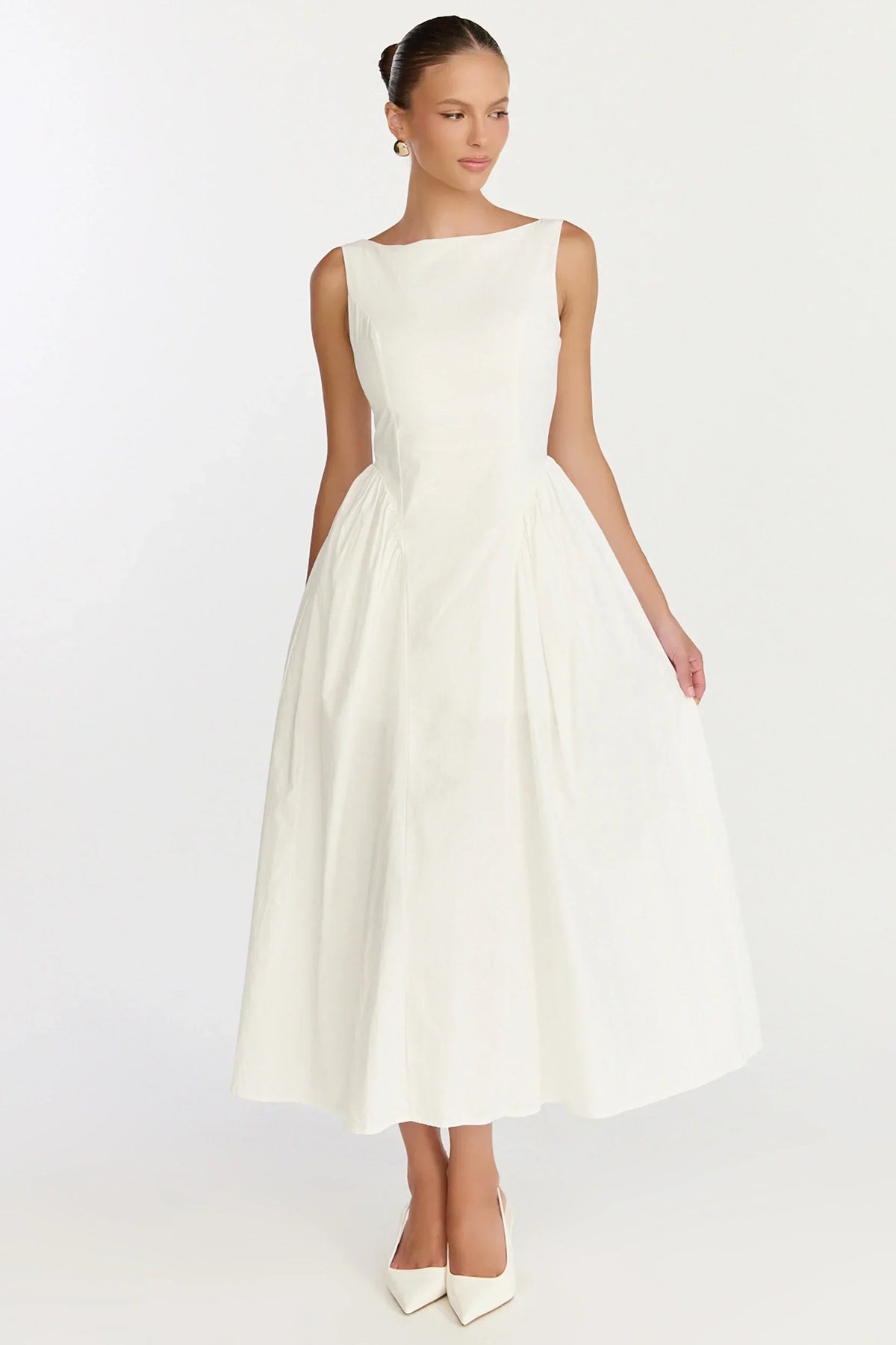 Casina Midi Dress - Boat Neck Tie Back Fit And Flare Dress in Off White