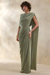Gisara | Olive High-Neck Maxi Dress With Sash And Draped-Detailing