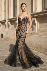 Black-Nude Mermaid Spaghetti Straps Tulle Long Prom Dresses With Floral Sequins