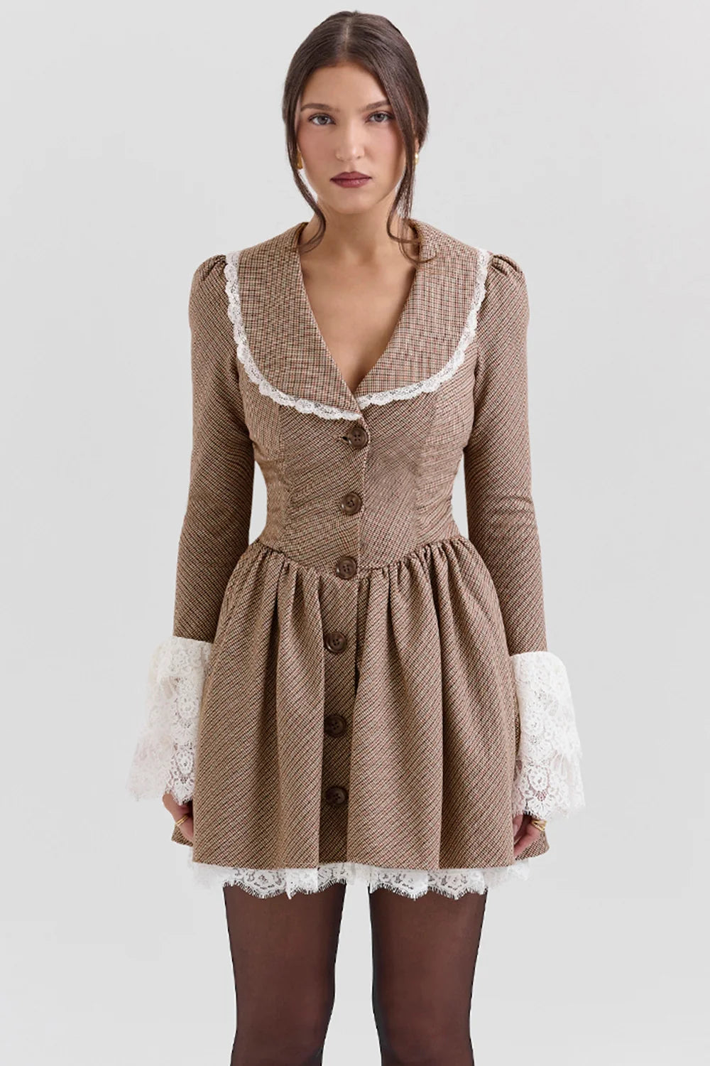 Sable-Brown Puppytooth Check Mini Dress - Sale