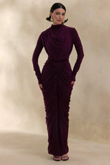 Harmona | Dark Plum High-Neck Maxi Dress With Gathered And Draped-Detailing
