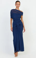 Nicolette Maxi Dress - Cape Sleeve Off Shoulder Dress in Navy